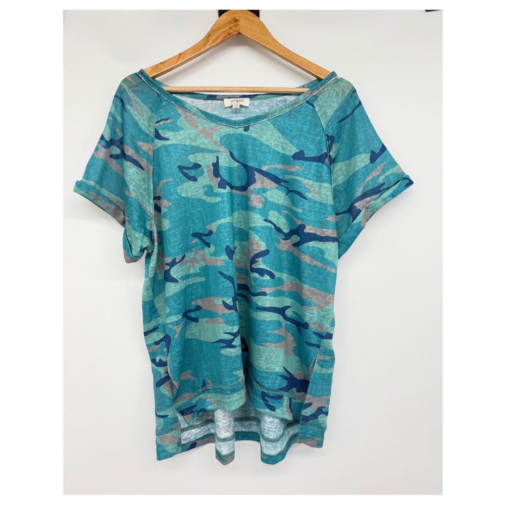 Umgee Shirt Women Blue Camo Semi Sheer V-Neck‎ Oversized T-Shirt Casual Everyday